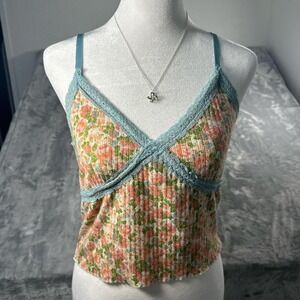 Floral cami top with blue trim and lace details